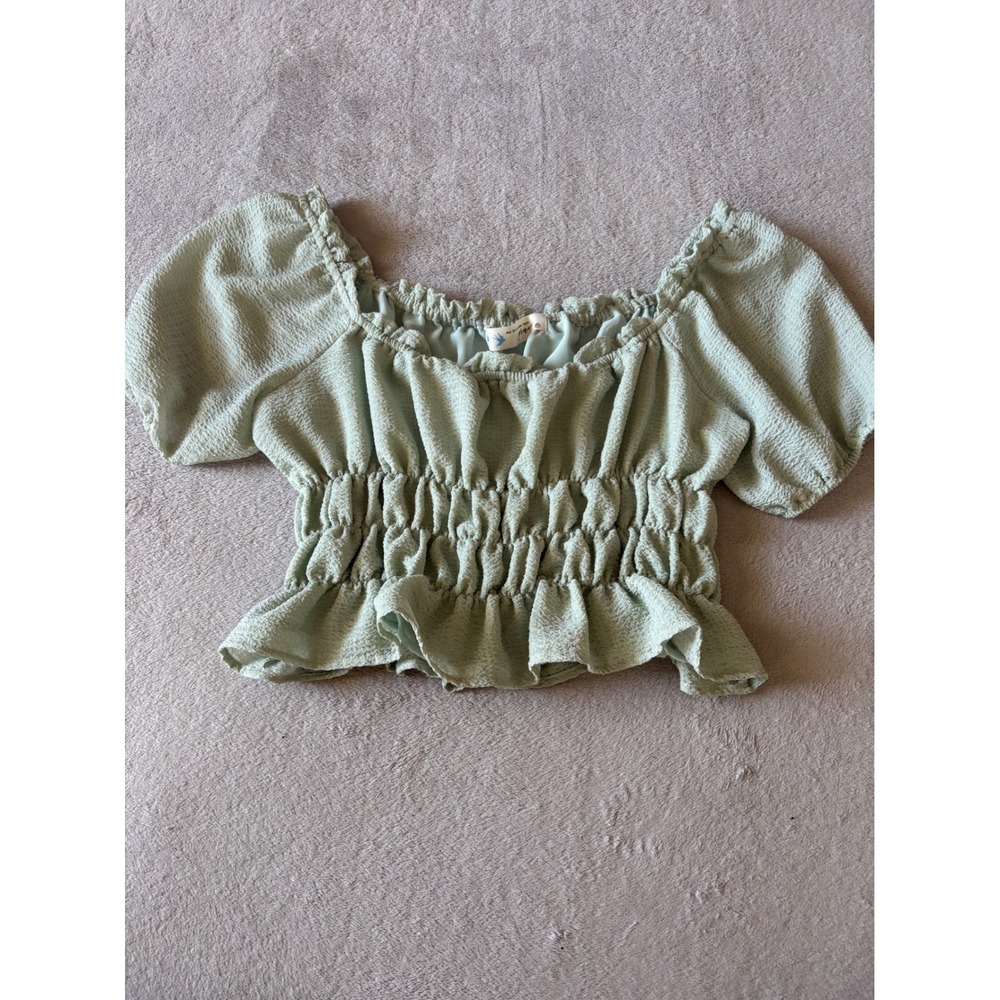 Her Entire Name Says Grace Women's Medium Smocked Crop Top Puff Sleeve‎ Green